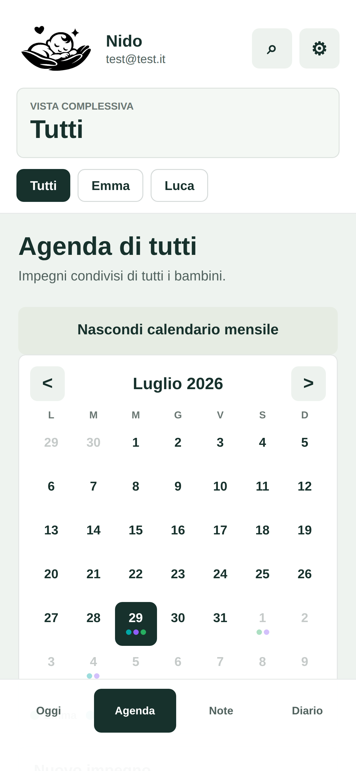 L’agenda mensile condivisa nell’app Nido