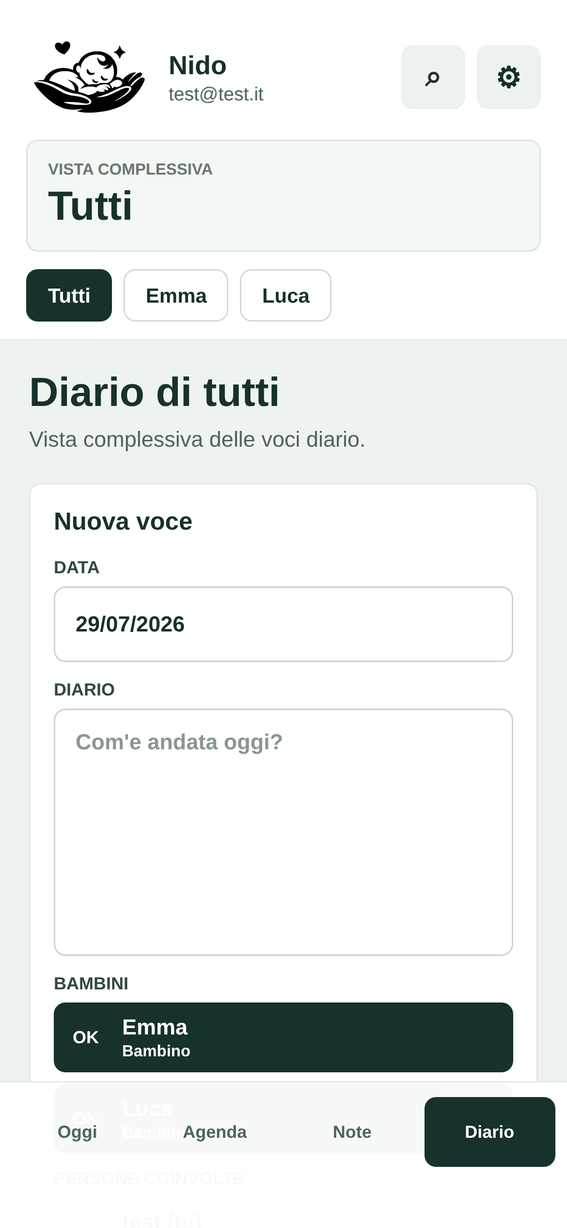 La schermata reale del Diario testuale di Nido