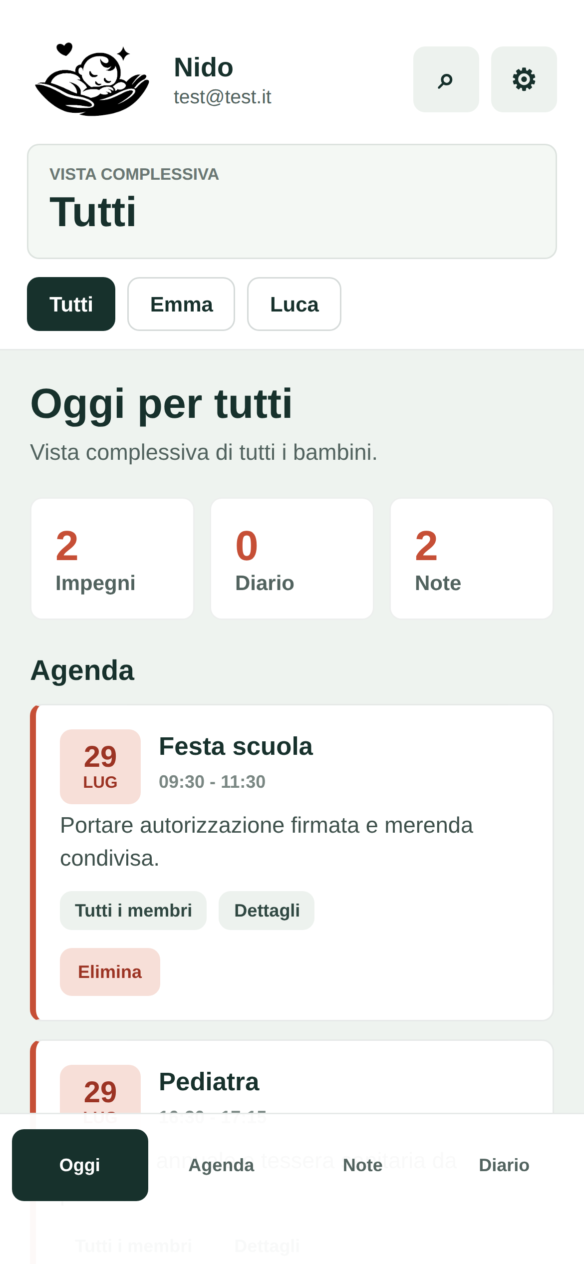 La schermata Oggi dell’app Nido con gli impegni condivisi della famiglia